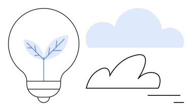 Yaprak, yenilenebilir enerji ve ekolojik dengeyi yansıtan bulutlarla birlikte sürdürülebilirliği ve yeniliği simgeleyen bir ampulün içinde büyüyor. Çevre ve sürdürülebilirlik için ideal