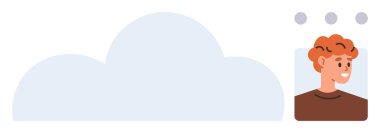 Kullanıcı avatarıyla büyük mavi bulut ve üç nokta, iletişim, depolama ve yaratıcılığı simgeliyor. Teknoloji, bulut depolama, kullanıcı etkileşimi, takım çalışması ve mesajlaşma için ideal