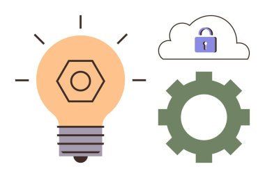 Parlak efektli ampul, veri güvenliği için bulut kilidi ve mekanizma için ekipman. Yaratıcılık, teknoloji, güvenlik, bulut hesaplama, yenilik mühendisliği işbirliği için idealdir. Basit düz