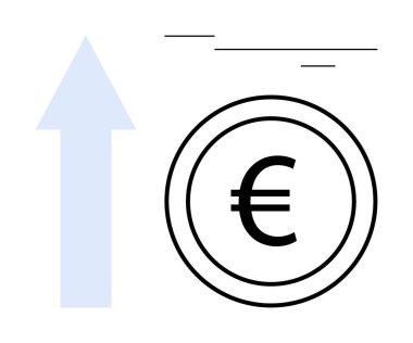 Kalın vuruş tasarımı ve yükselen okla Avrupa sikkesi, finansal büyüme, yatırım, ilerleme ve ekonomik eğilimleri sembolize ediyor. Finans, iş, başarı, kalkınma stratejisi tasarrufları için ideal