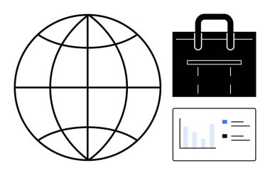 Küresel bağlantıyı simgeleyen küre, iş çantası ve veri analizi için grafik. Kurumsal strateji, küreselleşme, piyasa araştırması, analitik, verimlilik, girişimcilik için ideal