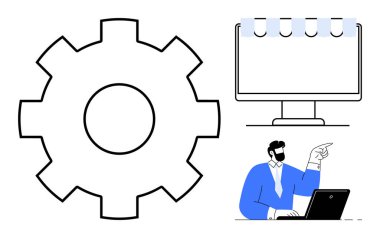Dişlileri temsil etme ayarları, organizasyonu sembolize eden sekmeleri izleme ve dizüstü bilgisayar üzerinde çalışırken profesyonel işaret etme. Takım çalışması, iş akışı, teknik çözümler, strateji ve koçluk için ideal