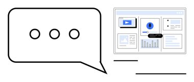 Grafikler, videolar ve uyarılarla etkileşimli dijital bir paneli gösteren bir ekranın yanında elips ile sohbet baloncuğu. İletişim, teknoloji, geri bildirim, takım çalışması, analitik, yazılım için ideal