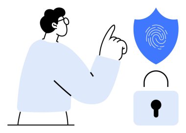 Parmak izi kalkanı ve asma kilidi işaret ediyor. Siber güvenlik, gizlilik, çevrimiçi koruma, veri güvenliği, kimlik doğrulama, kimlik doğrulama, basit düz metafor
