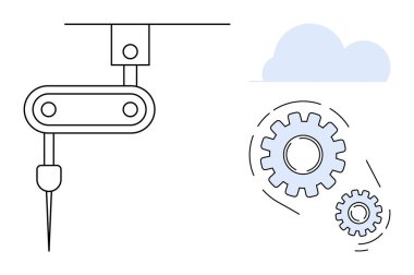 Dönen dişliler ve bulut sembolünün yanında çalışan bir sondaj aleti olan robot kol. Otomasyon, yenilik, teknoloji, imalat, bulut hesaplama, makine, endüstriyel süreçler için ideal