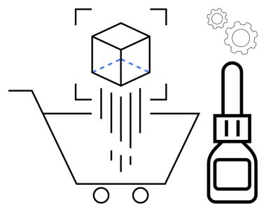 Alışveriş arabasının üstündeki dijital küp, özel ürün seçimi ve yenilikçi kazancı sembolize eder. Vitesler ve şişe aletleri tasvir eder. E-ticaret, 3D tasarım, teknoloji, alışveriş, lojistik için ideal
