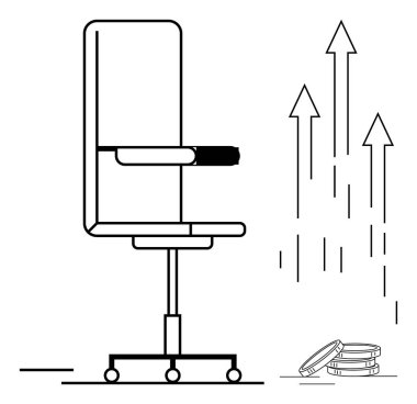 Ofis başkanı yukarı bakan oklar ve istiflenmiş paralar kariyer ilerlemesini, iş başarısını ya da finansal büyümeyi simgeliyor. Kariyer, liderlik, başarı, finans, iş geliştirme için ideal