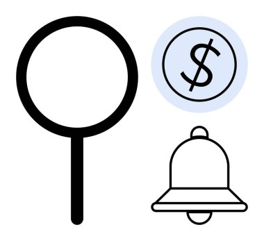 Büyüteç, daire içinde dolar işareti, ve arama araçlarını temsil eden çan, finansal içgörü, bildirimler, alarmlar, odak, bilgi ve fırsatlar. Analiz finansmanı için ideal