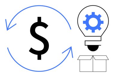 Finansal akış için oklarla çevrili dolar işareti, yenilik için ampulün içindeki teçhizat, teslimat ya da ürün oluşturma için bir kutuyla birlikte. Finans, yenilik, iş, strateji ve teknoloji için ideal