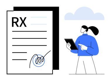Tablet tutan sağlık çalışanı RX dosyasını imzalı olarak inceliyor. Teletıp, eczacılık, tıbbi danışmanlık, sağlık teknisyeni, hasta bakımı, modern sağlık hizmetleri, sade iniş sayfası için ideal