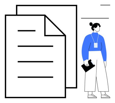 İşçi, çizgileri ve kenarları olan büyük belgelerin yanında pano tutuyor. Organizasyon, kayıt tutma, belgelendirme, iş akışı, iş yönetimi için ideal, basit düz metafor