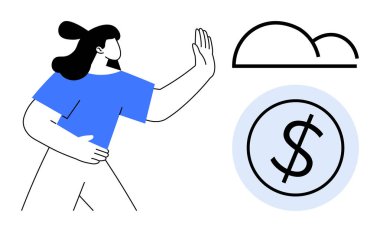 Kadın elini yuvarlak şekle ve dolar işaretine doğru uzatıyor. Karar verme, finans, tasarruf, teknoloji, veri, reddedilme, kişisel seçim için idealdir. Basit bir düz metafor.