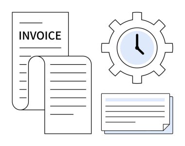 Fatura belgesi, kontrol listesi, vitesteki saat. Finans, muhasebe, fatura, zaman izleme, verimlilik iş yönetimi için ideal. Basit düz metaforu vurgular