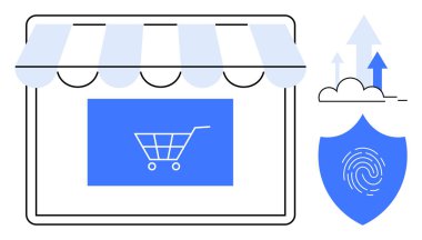 Mağaza vitrininde alışveriş arabası, güvenlik için parmak izi kalkanı ve büyüme için yukarı doğru oklar. E-ticaret, çevrimiçi alışveriş, güvenlik, koruma, iş büyümesi, bulut kullanımı için ideal