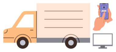 Teslimat servisini temsil eden kamyon, çevrimiçi ödeme doğrulaması için el kamerası ve dijital sipariş takibi için bilgisayar ekranı. Lojistik, e-ticaret, ödemeler, nakliyat için ideal