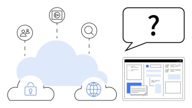 Güvenli veri, küresel paylaşım, arama ve iletişim için simgelere bağlı bir bulut resmi. Tarayıcı ekranının yanında soru işareti olan bir konuşma balonu. Teknoloji, veri gizliliği ve takım çalışması için ideal