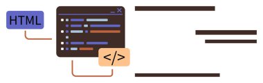 Bilgisayar penceresi HTML kodunun oluşturulduğunu ve yapılandırılmış satırlara bağlandığını gösteriyor. Programlama, kodlama, web sitesi oluşturma, bilişim, yazılım, ön-yüz geliştirme, teknoloji için idealdir. Basit düz metafor