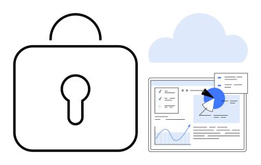 Güvenliği simgeleyen büyük kilit, depolamayı simgeleyen bulut ve kavrama için çizelgeleri olan veri paneli. Siber güvenlik, bulut hesaplama, veri analizi, gizlilik koruması, teknolojik çözümler için ideal