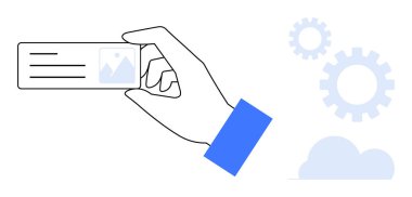 Yanında vites simgeleri ve bulut grafikleriyle birlikte metin ve görüntü içeren bir kart tutuyor. Dijital araçlar, bulut hesaplama, otomasyon, kişiselleştirme, veri paylaşımı, ağ oluşturma, yazılım için ideal