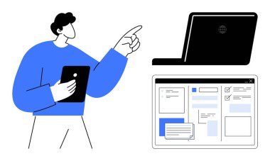 Dijital araçlarla etkileşen kişi, gösterilen arayüzleri ve kontrol listesi olan bir ekrana işaret ediyor. Teknoloji, analiz, tasarım, uzaktan çalışma, üretkenlik, işbirliği ve yenilik için ideal