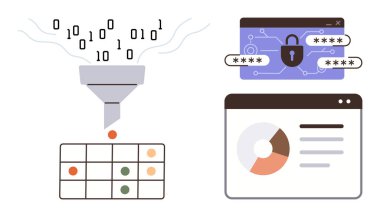 Huniden ızgaraya filtrelenmiş ikili veri, şifreli şifreleme güvenli, ve grafikli analitik paneli. Veri bilimi, yapay zeka, siber güvenlik, makine öğrenimi, büyük veri, iş için ideal