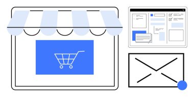 Alışveriş arabası simgesi, ürün sayfaları için web sitesi düzeni ve e-posta bildirim zarfıyla dijital mağaza önü. E-ticaret, dijital iş, perakende, web sitesi pazarlama, e-posta için ideal