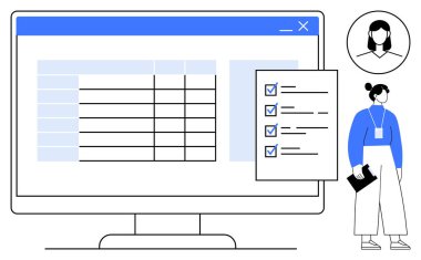 Düzenli veri tablosunu gösteren masaüstü monitörü, tamamlanmış görevlerle işaretlenmiş kontrol listesi ve profesyonel bir bekleme panosu. Üretkenlik, iş akışı, yönetim, organizasyon için ideal