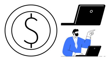 Bir dizüstü bilgisayar ve işadamının yanında dolar işareti olan madeni para dijital ticareti, finansal planlamayı, çevrimiçi işlemleri, yatırım stratejilerini, uzaktan çalışmayı vurguluyor. Eğitim için ideal