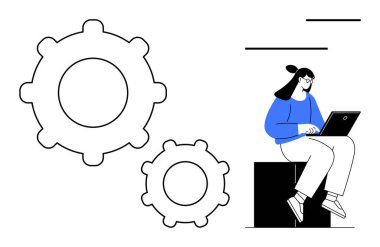 Küp üzerinde oturan, dizüstü bilgisayarda yazan ve arka planda iki büyük vites simgesi olan bir kadın. Takım çalışması, üretkenlik, mekanik, iş akışı, yenilik, problem çözme stratejisi için ideal. Basit düz