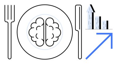 Çatal, bıçak, beyni olan tabak, yukarı doğru çizelge ve ok bilgi büyümesini, akıl sağlığını, eğitimi, yeniliği, üretkenliği, kendini geliştirmeyi gösteren basit bir iniş sayfası