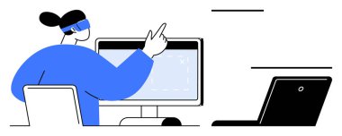 Bilgisayarda çalışan, ekranı işaret eden VR kulaklık takan biri. Laptop masanın üstünde. Yenilik için ideal, teknoloji, sanal gerçeklik, yaratıcı çözümler, çoklu görev, gelecekteki basit düz çalışma
