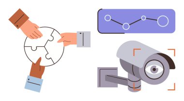 Eller yapboz parçalarını birleştiriyor, veri noktaları ve güvenlik kamerası olan çizgiler çiziyor. Takım çalışması, problem çözme, veri analizi, güvenlik ve strateji bağlantısı için ideal. Basit düz