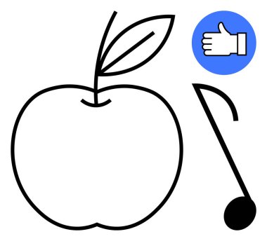 Yapraklı tek renkli elma, nota ve el hareketleriyle mavi daireli bir simge. Sağlık tavsiyeleri, sağlık, eğitim, beslenme, yaratıcılık, yaşam tarzı sade iniş sayfası için ideal