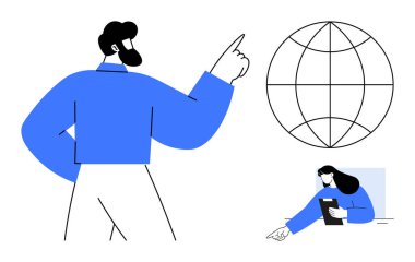 Lider küresel çerçeveye doğru jestler yapar, takım arkadaşı güncellemeler için tableti gözden geçirir. Takım çalışması, liderlik, iletişim, küresel strateji, sunum, planlama, basit iniş sayfası için ideal