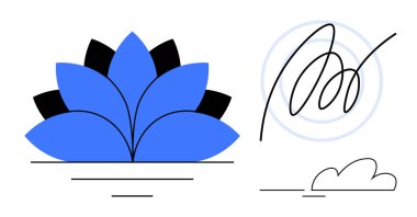 Siyah aksanlı mavi nilüfer çiçeği soyut girdap izi ve minimum bulut. Sağlık, meditasyon, markalaşma, asgari tasarım, sükunet yaratıcılığı yenileme kavramları için idealdir. Basit düz