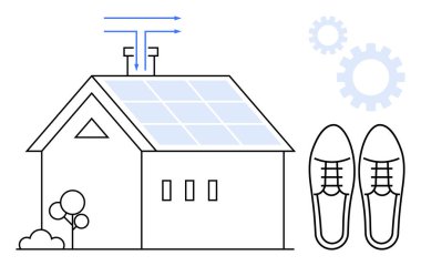 Enerji akışı okları olan güneş paneli ev, süreç fikirleri için dişliler, yaşam tarzı odaklı ayakkabılar. Yenilenebilir enerji, sürdürülebilirlik, teknoloji, eko-yaşam, yenilik, çevre temizliği için ideal