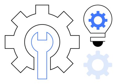 İngiliz anahtarı, dişli ikonlu ampul ve mühendisliği, yeniliği, yaratıcılığı, problem çözmeyi, sistem optimizasyonunu, teknolojiyi ve basit bir düzlemde tamir kavramlarını temsil eden soluk dişli.