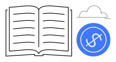 Düz tasarım konseptinde açık kitap, bulut ve dolar parası. Eğitim, finans, bulut depolama, dijital öğrenme, bilgi paylaşımı e-ticaret ve yenilik için idealdir. Basit düz metafor