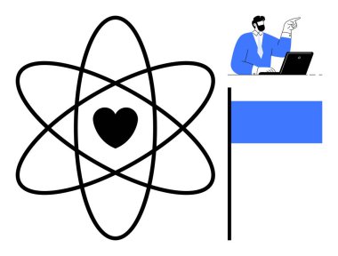Çekirdek olarak kalbe sahip soyut atom, dizüstü bilgisayarda hareket eden insan ve bilim, öğrenme, liderlik, keşif, tutku, odaklanma ve başarıları sembolize eden bayrak. Eğitim motivasyonu için ideal