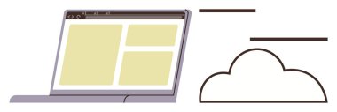 Web sayfası düzenine sahip dizüstü bilgisayar ve bulut hesaplama, depolama veya teknoloji hizmetlerini temsil eden bitişik bulut grafiği. Teknolojik markalaşma, web sunuculuğu, bilişim çözümleri, veri güvenliği, modern