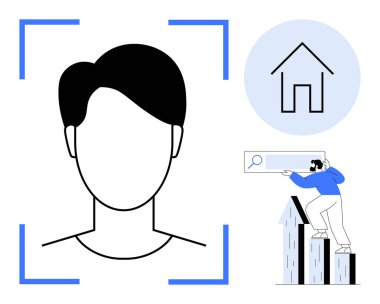 Tarama çerçevesinde profil avatarı, büyüteç, ev simgesi, insan analizi grafiği. Teknoloji, gayrimenkul, analitik, arama, profil oluşturma veri işleme basit düz metaforu için idealdir