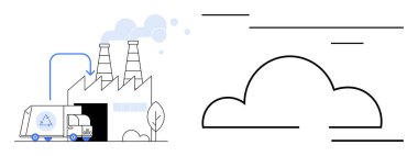 Fabrikaya geri dönüşüm kamyonu geliyor, kirlilik yayıyor. Bulutlar hava kirliliğini gösteriyor. Atık yönetimi, geri dönüşüm, sanayi süreçleri, kirlilik, sürdürülebilirlik ve çevre için ideal