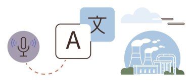 Endüstriyel bitki illüstrasyonuna bitişik çok dilli metne ses aktarımı yapan mikrofon. İletişim, dil öğrenme, otomasyon, teknoloji, çeviri, eğitim, enerji için ideal
