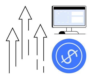 Yukarı ok büyümeyi ve ilerlemeyi simgeler, bir dolar para maddi başarıyı simgeler, ve bilgisayar ekranı dijital araçları simgeler. Ticari büyüme, finans, teknoloji ve analitik için ideal
