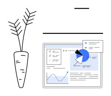 Bir bilgisayar ekranındaki analitik gösterge paneli yakınlarda saksı bitkisi bulunan grafikler, grafikler ve veri içgörüleri sergiliyor. Veri analizi, iş ilerlemesi, iş akışı, basitlik ve verimlilik için ideal