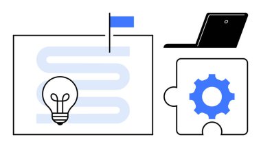 Haritadaki ampul, teçhizatlı yapboz parçası ve laptop etkili planlama, yenilik ve problem çözmeyi vurguluyor. Strateji, yenilik, takım çalışması, yaratıcılık hedefleri problem çözme için ideal