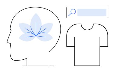 Baş silueti, çiçek ikonu, büyüteç ve gömlek hatları. Farkındalık, yaratıcılık, kişisel büyüme, moda, öz farkındalık, zihinsel sağlık, basit iniş sayfası için ideal