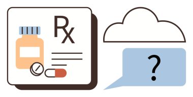 Reçete şişesi, hap, konuşma baloncuğu ve bulut sorusunun yanında kapsül. Bulut tabanlı sağlık hizmetlerinin altını çiz. Teletıp için ideal, dijital eczane, sağlık teknisyeni, danışma, online