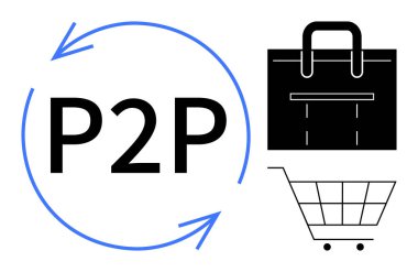 Oklarla çevrili P2P metni, siyah çanta ikonu, ve ticareti, ticareti ve işbirliğini simgeleyen alışveriş arabası. İş, perakende, e-ticaret, ekonomi takım çalışması lojistiği için ideal basit bir daire