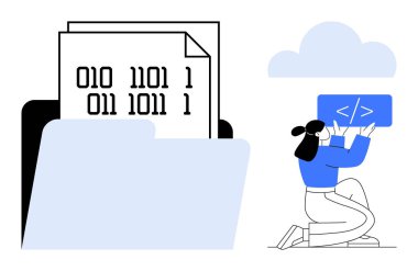 Dişi kodlayıcı programlama bloğuyla diz çöküyor, dosya klasöründe ikili dosyalar ve ince bir bulut simgesi var. Teknoloji, programlama, bulut depolama, kodlama, yazılım geliştirme, veri için ideal